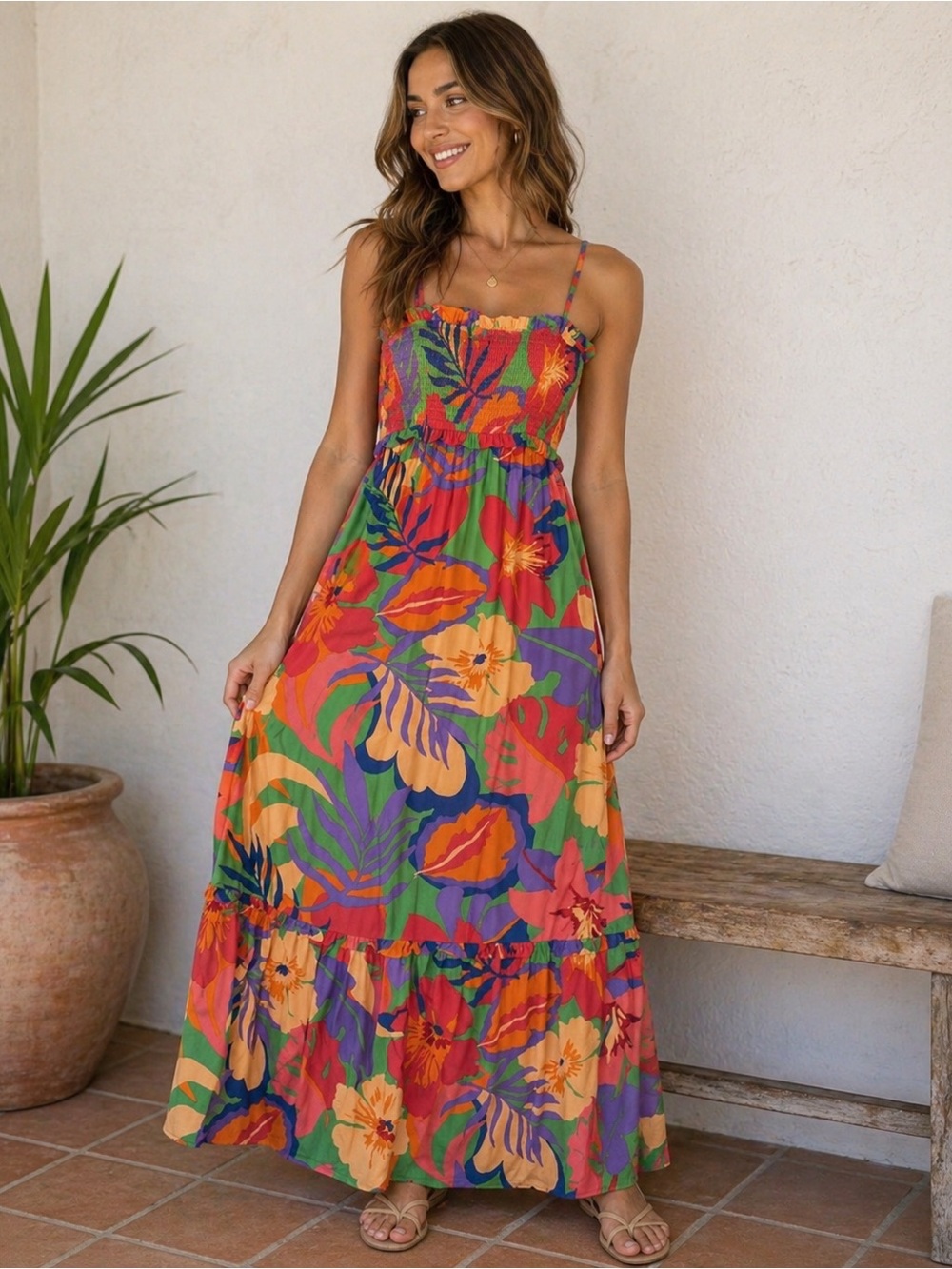 H&M Floral Purple Yellow Orange Print Maxi Tiered Dress Smocked Top Tropical